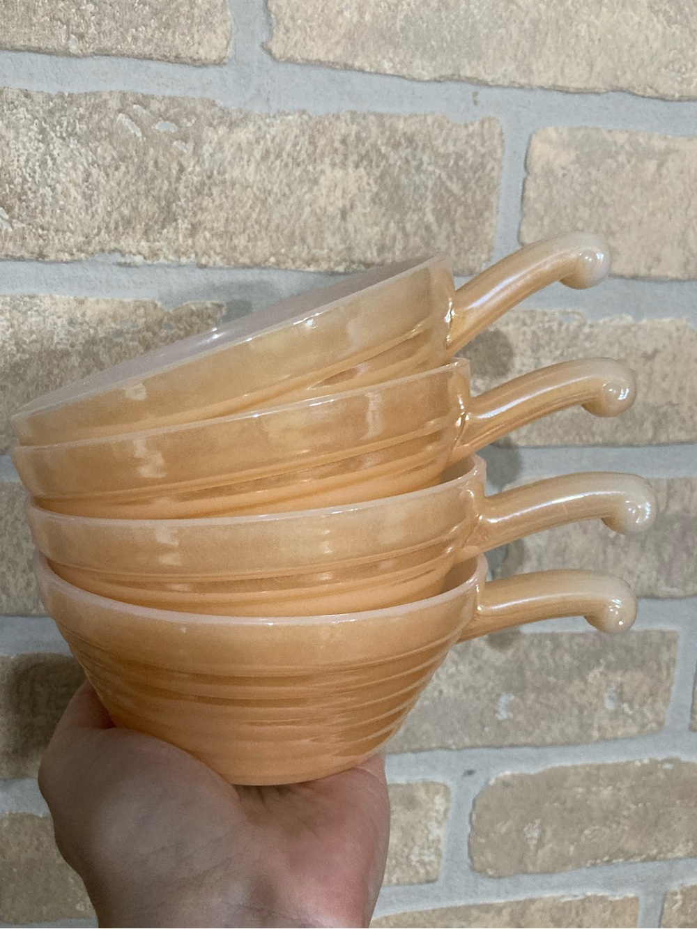 Fire King Peach Luster Glazed Handled Soup Bowls - Set of 4 - Minor Defects